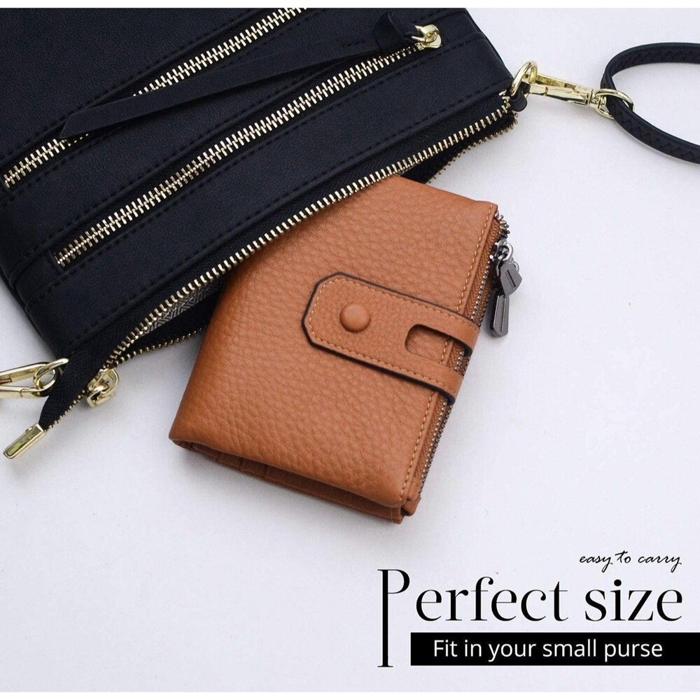 Bveyzi Small Soft Leather Wallet RFID Blocking W/ DBL Zipper Pocket Brown NWT - Picture 4 of 6
